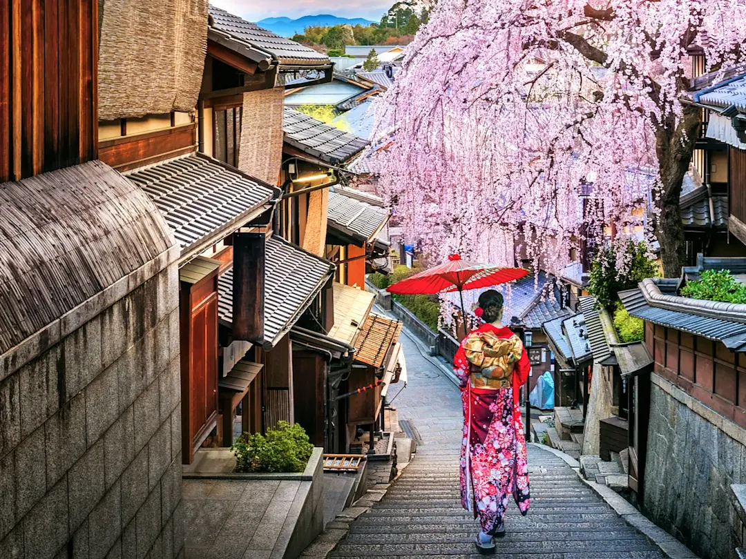 Japan. Kyoto Traditionelle Straße mit Kirschblüten und Frau im Kimono. Kyoto. Japan.