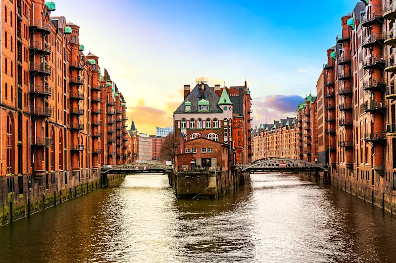 The Warehouse district Speicherstadt during sunset in Hamburg, Germany