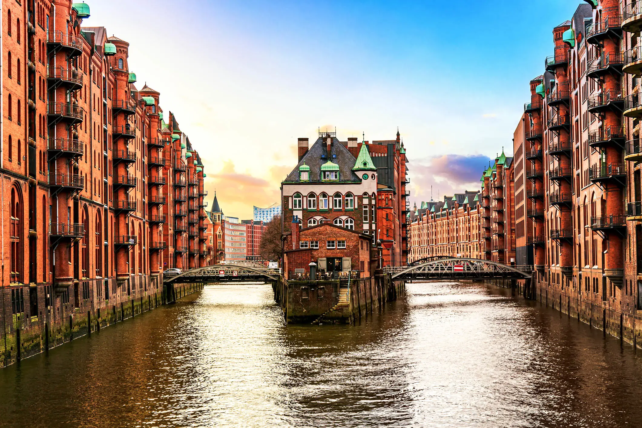 The Warehouse district Speicherstadt during sunset in Hamburg, Germany
