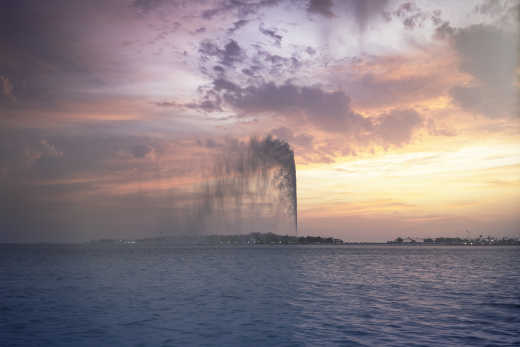 König Fahds Brunnen bei Sonnenuntergang, Dschidda, Saudi-Arabien.