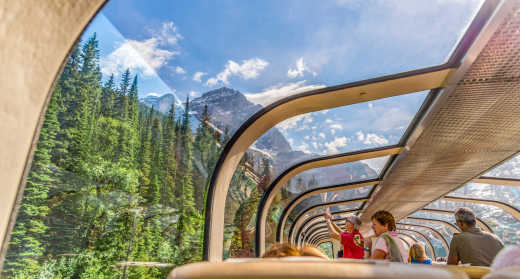 A panoramic train that passes through the Rocky Mountains in Canada