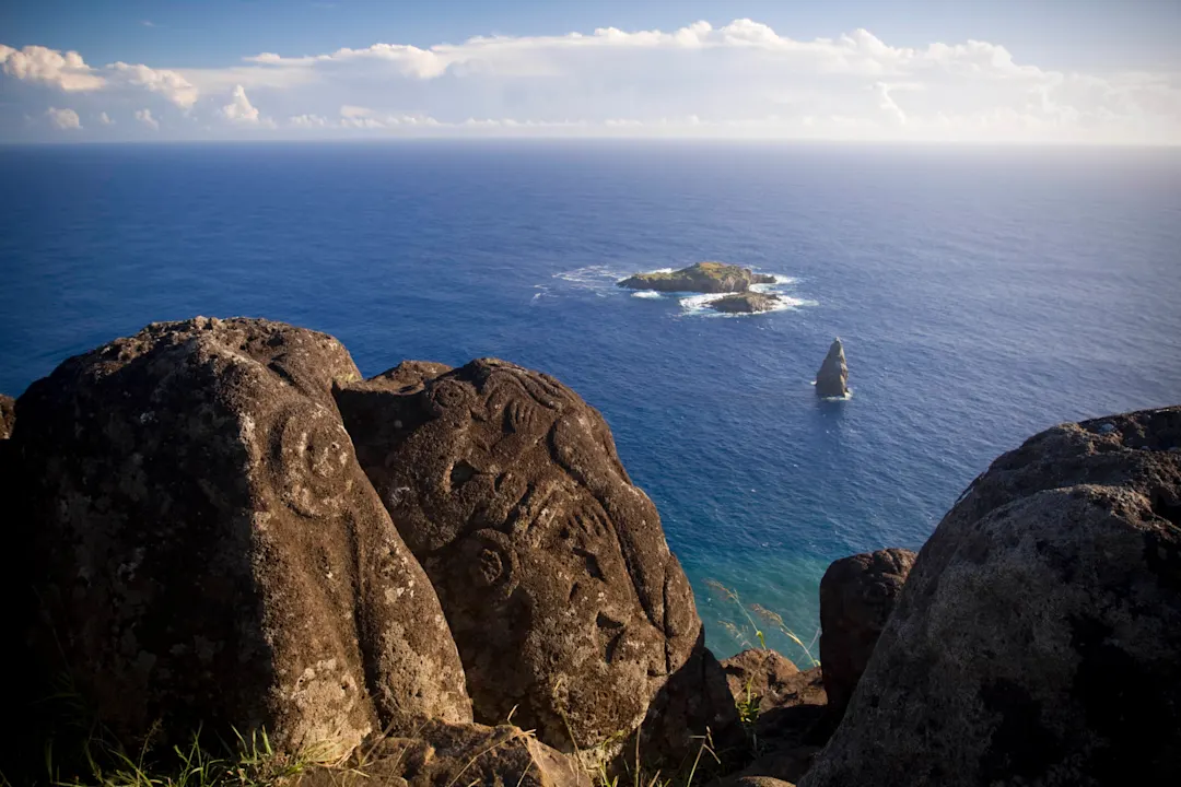 Blick auf Orongo, Osterinsel, Chile.