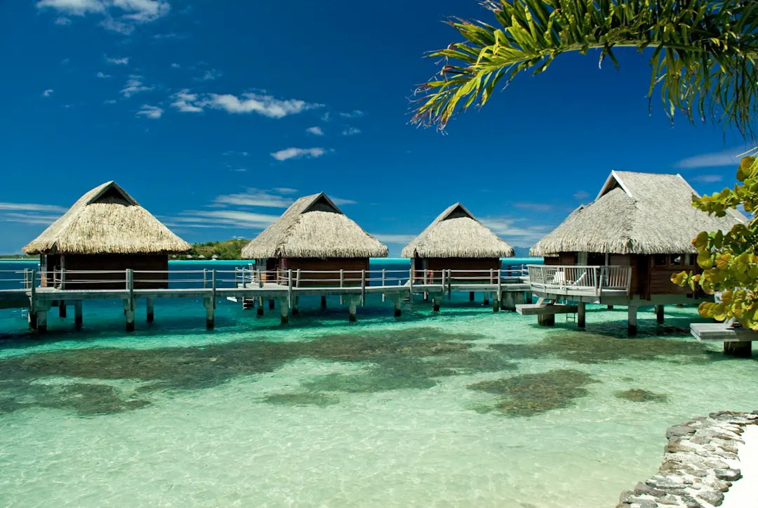 Typische Bungalows auf Stelzen, kristallklares Wasser, Französisch-Polynesien