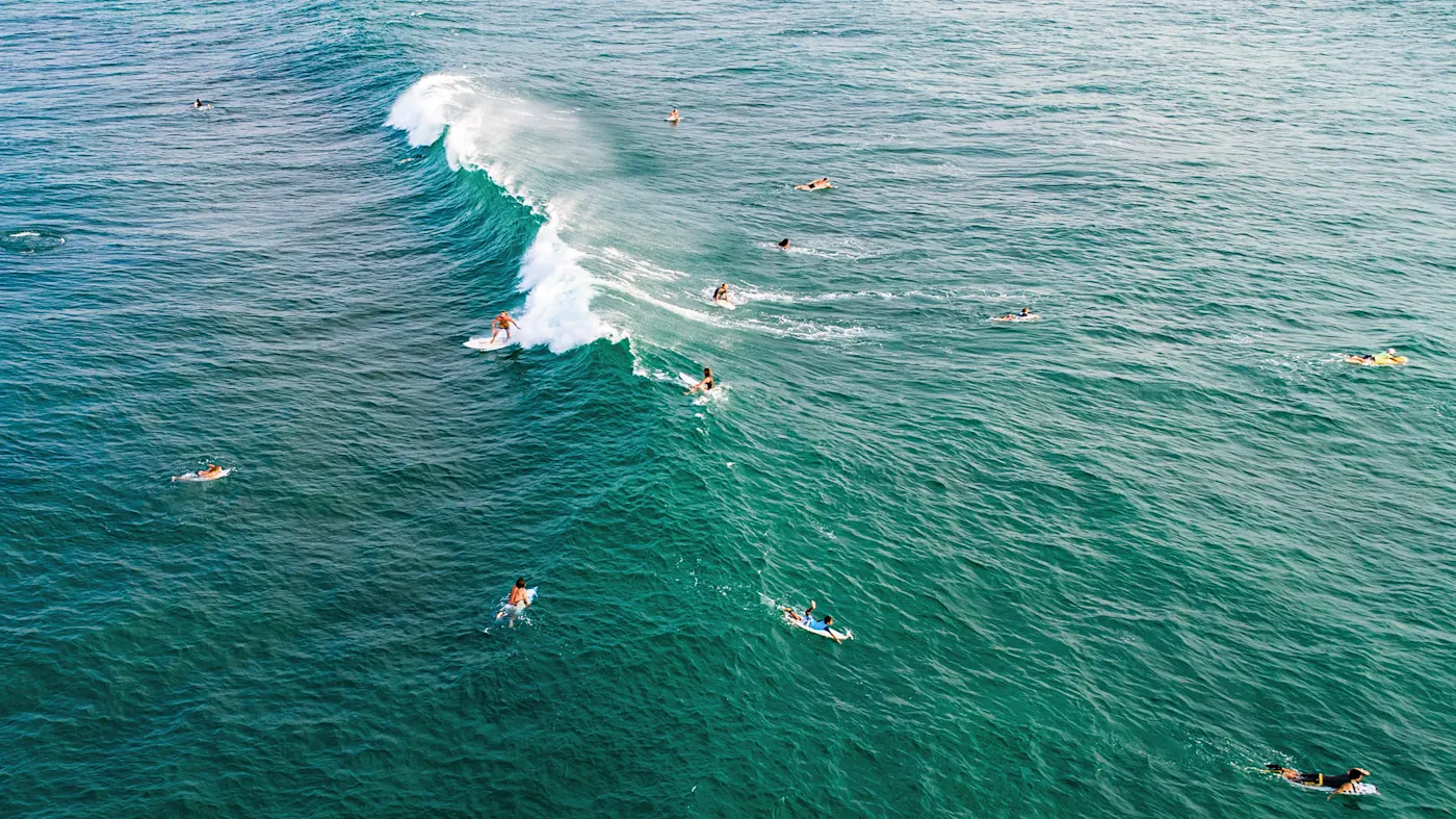 Un surfeur surfe une vague, entouré de plusieurs autres amateurs de sports de glisse, en pleine mer au Sri Lanka.