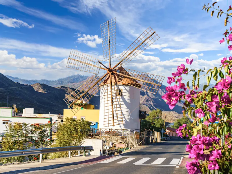 Kanaren, Spanien, Europa Weiße Windmühle mit rotem Dach in einer Oase mit Palmen auf Fuerteventura, Kanarische Inseln.