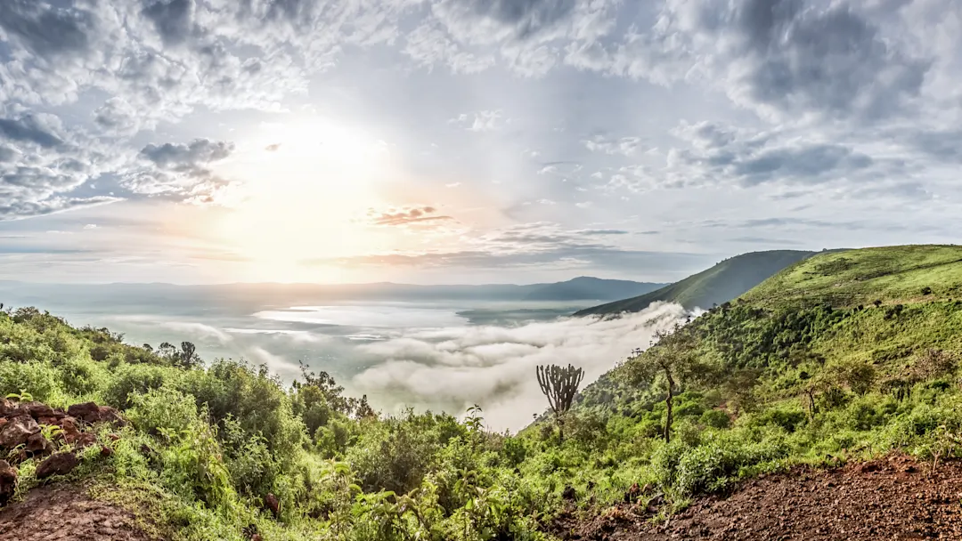 Spektakuläre Aussicht auf das grüne Ngorongoro-Kratergebiet bei Sonnenaufgang. Ngorongoro, Tansania.