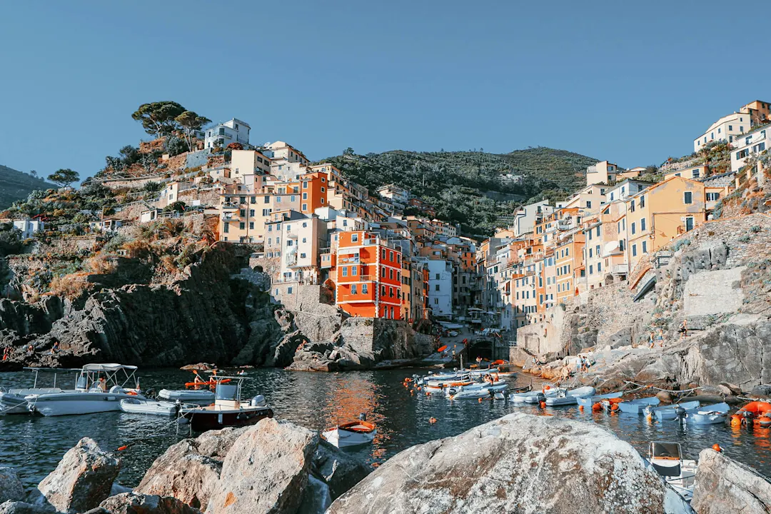 Riomaggiore bei Sonnenuntergang, Cinque Terre, Ligurien, Italien.