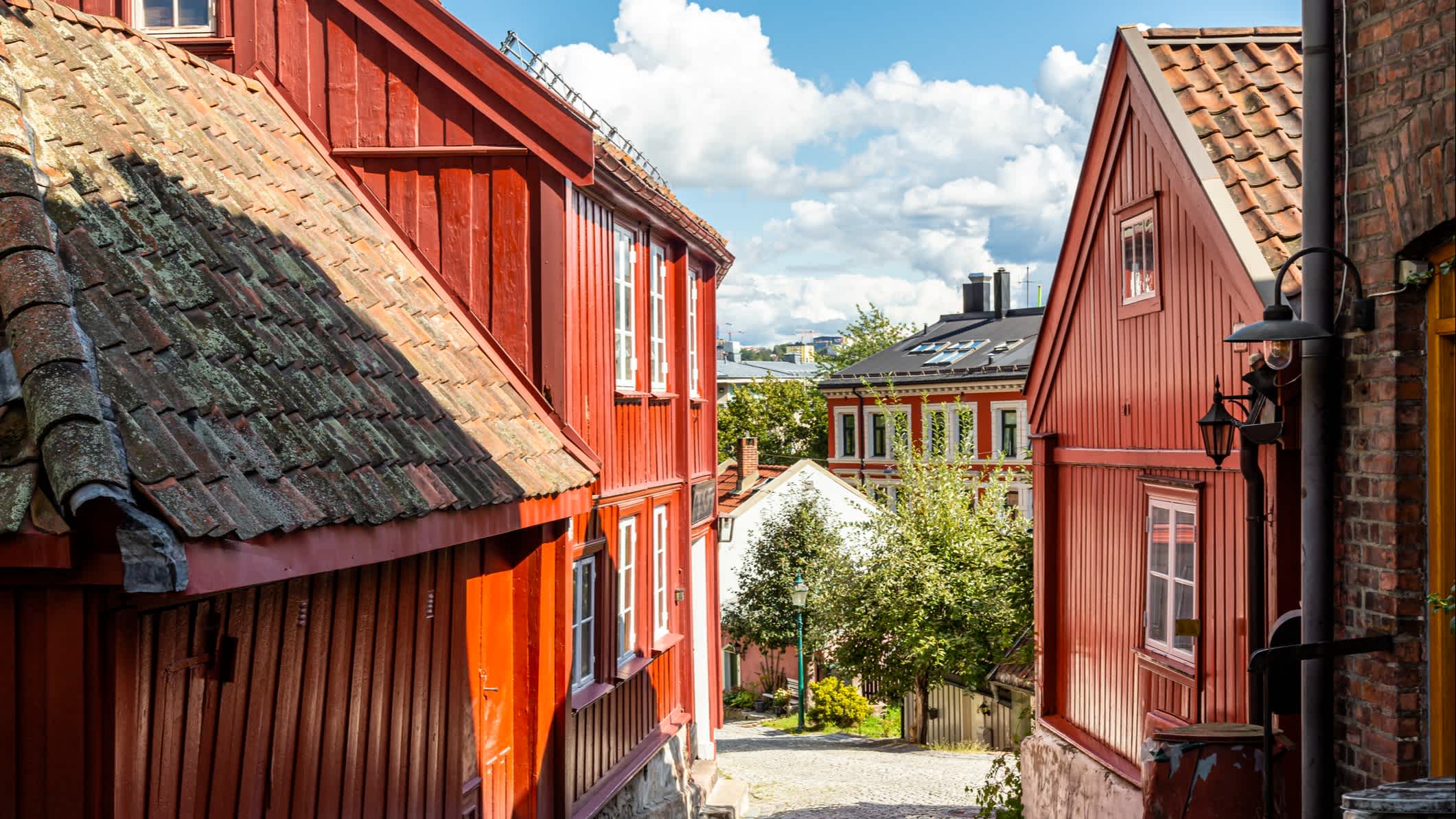 Traditionelle Häuser auf Damstredet, Oslo, Norwegen.