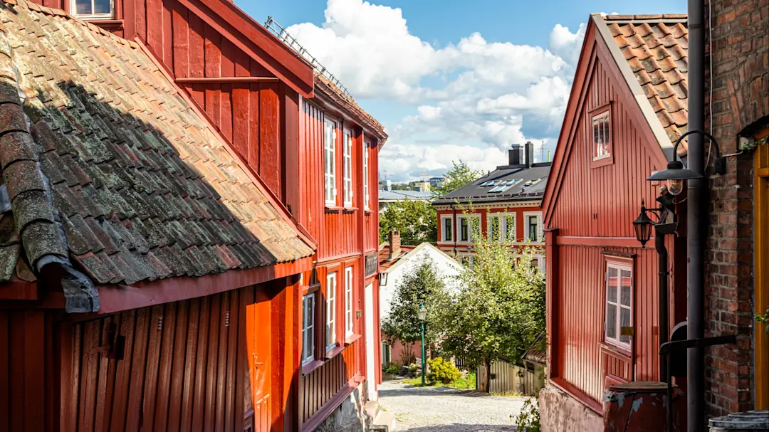 Traditionelle Häuser auf Damstredet, Oslo, Norwegen.