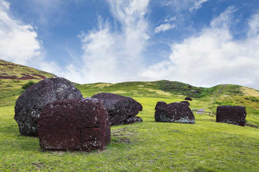 View of the Puna Pau volcanic scoria stone quarry on the island of Rapa Nui 
