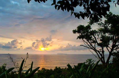 Vue du coucher de soleil au-delà de la forêt tropicale, près de l'île de Caño, péninsule d'Osa, Costa Rica.