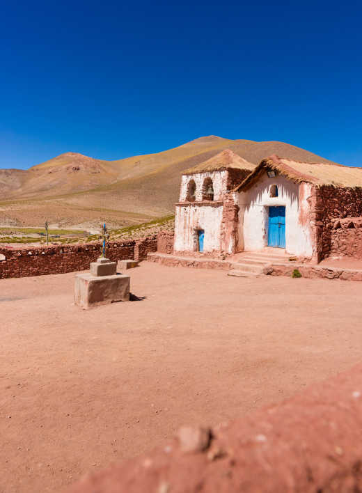 View on the church in Machuca, a small Andean village of 20 houses, located a few kilometers from Atacama