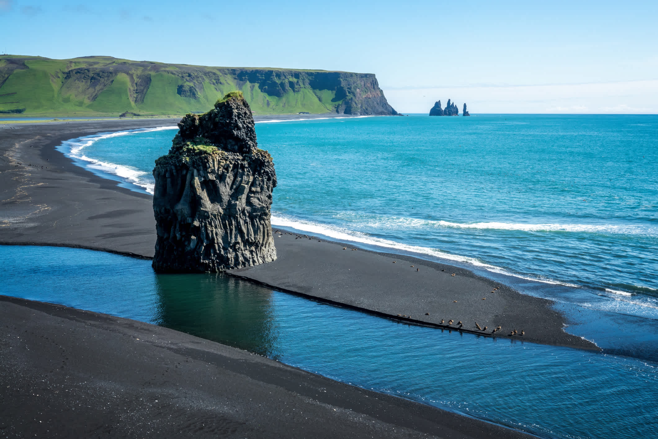 Vue de Reynisfjara, une célèbre plage de sable noir sur la côte sud de l'Islande.