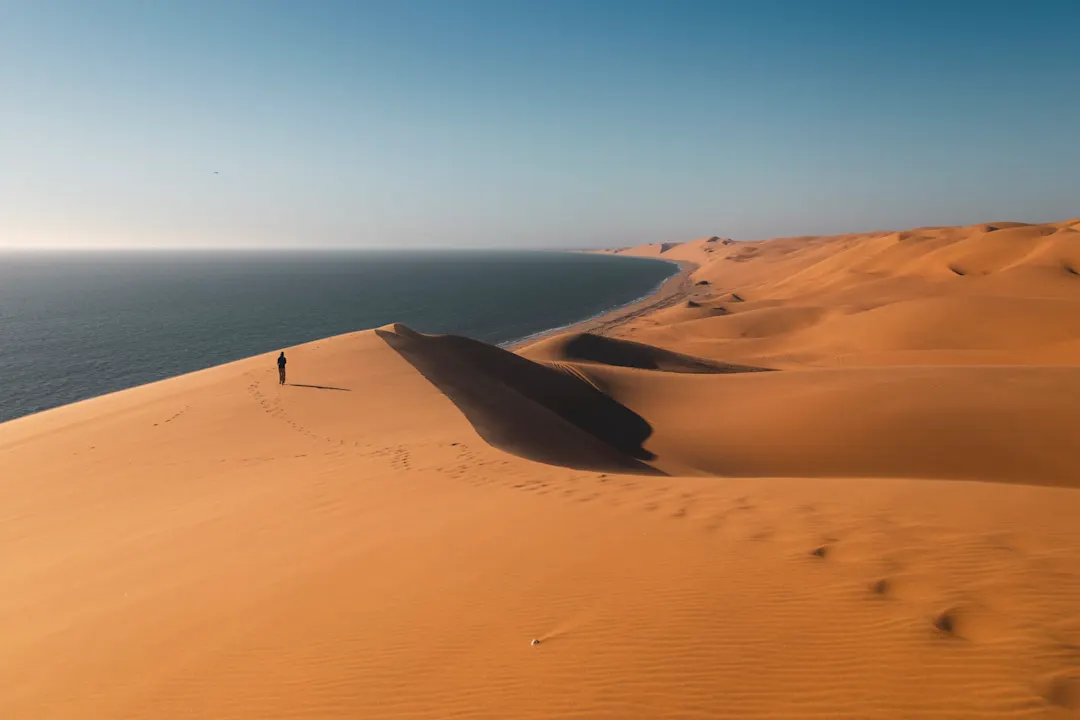 Einsame Person, die auf Sanddünen mit Blick auf den Ozean im sonnigen Namibia spaziert

