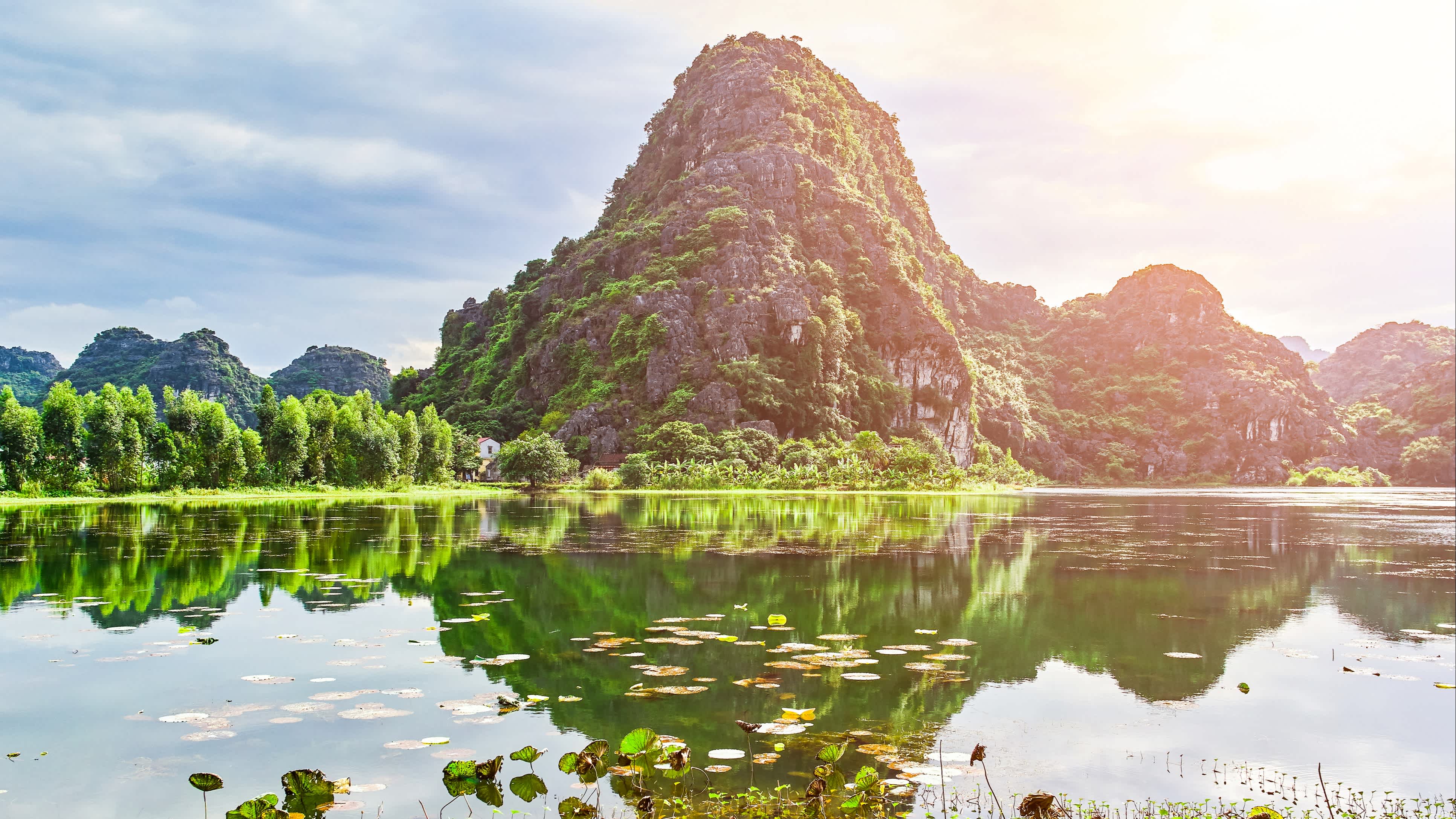 Vue des montagnes verdoyantes au bord de l'eau dans la région de Ninh Binh, Vietnam.