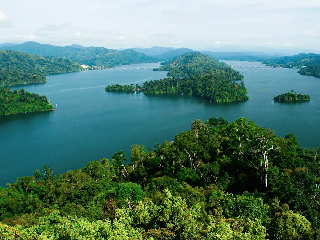 Tropischer Stausee mit bewaldeten Inseln inmitten der Natur. Tasik Temenggor, Perak, Malaysia.