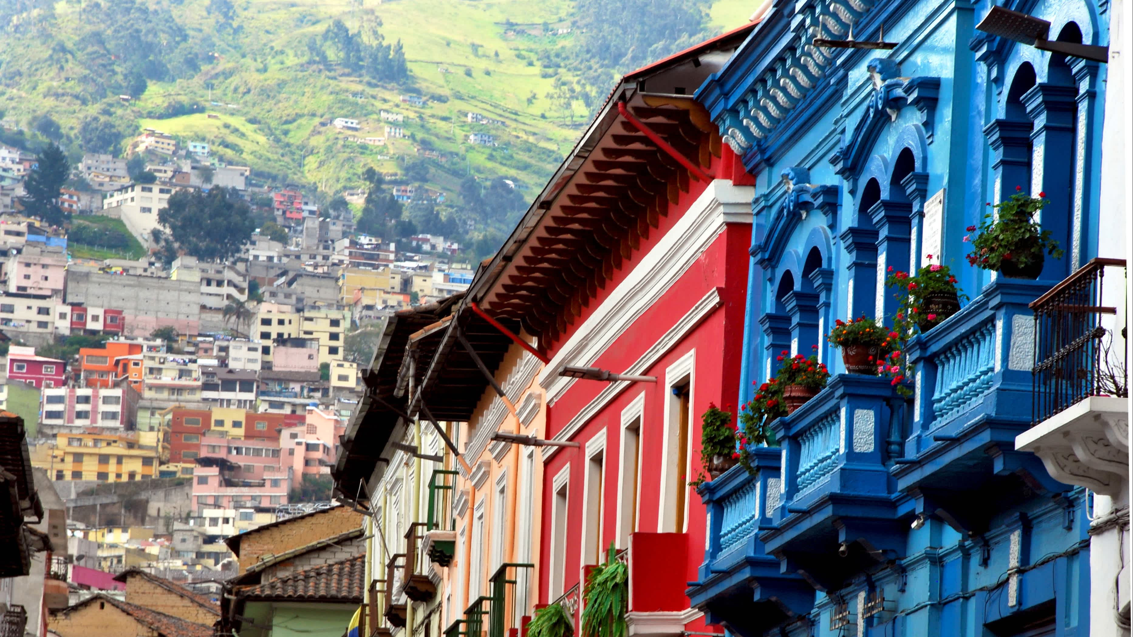 Colorful colonial houses line the streets of Quito. 