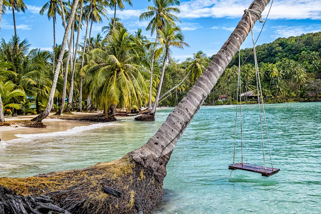 Tropischer Strand mit Palmen, türkisblauem Wasser und einer Schaukel an einer schrägen Palme über der Lagune.