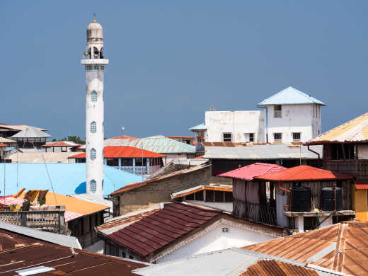 View of Stone Town with mosque's minaret in Zanzibar, Tanzania, Africa.

