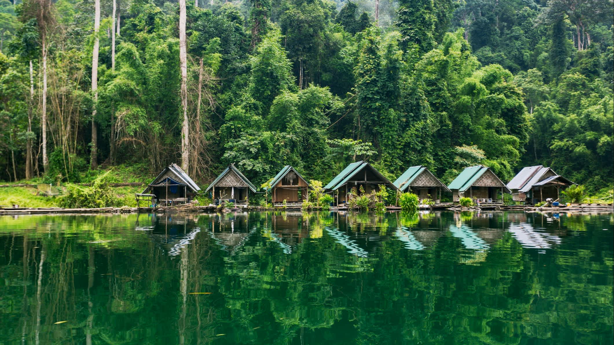 Maisons sur un lac dans une forêt tropicale.
