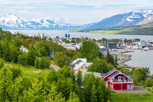 Town of Akureyri in North Iceland on a summer day.
