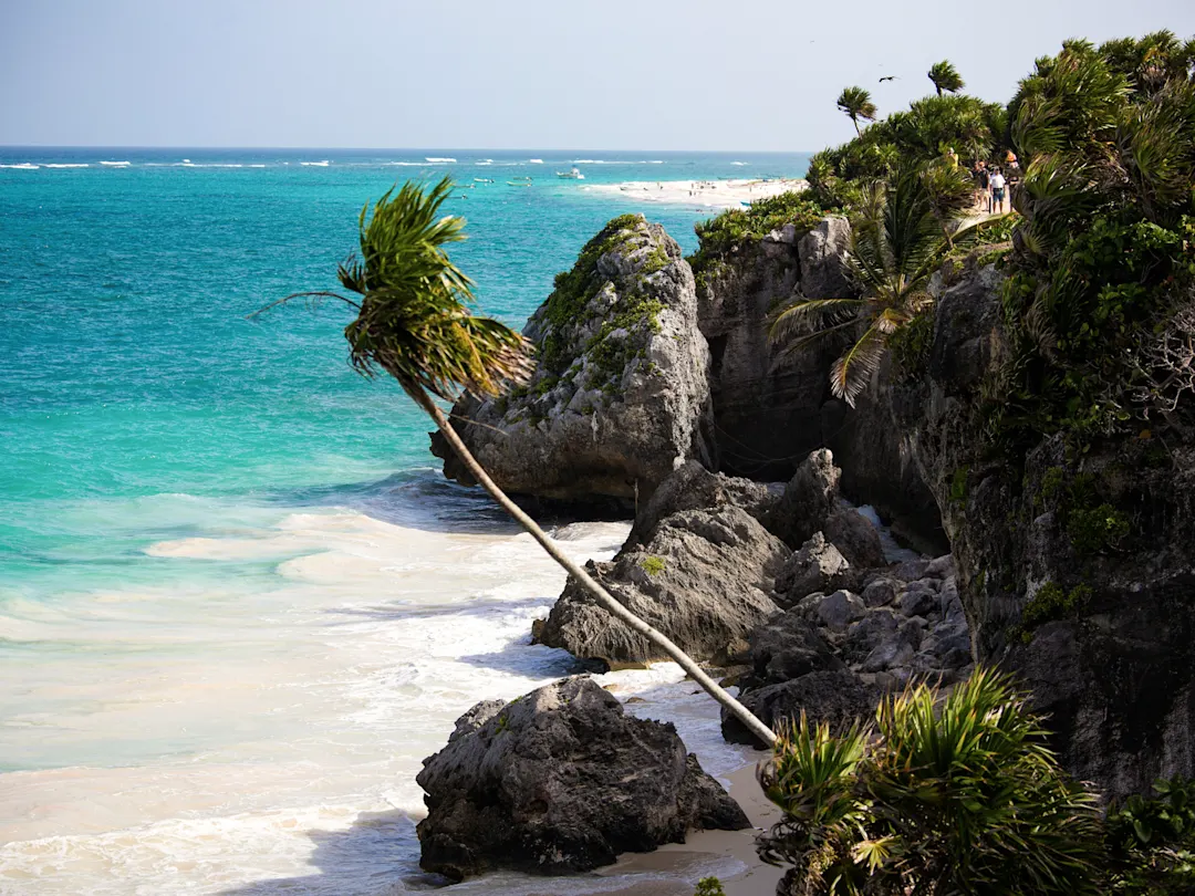 Felsige Küste mit Palmen und türkisfarbenem Wasser, Tulum, Quintana Roo, Mexiko.