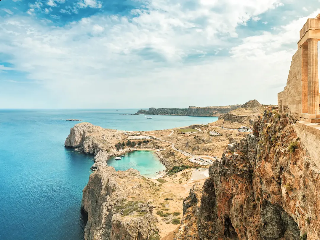 Griechenland, Dodekanes, Rhodos, Akropolis von Lindos Antike Akropolis mit Blick auf das Meer. Lindos, Dodekanes, Griechenland.