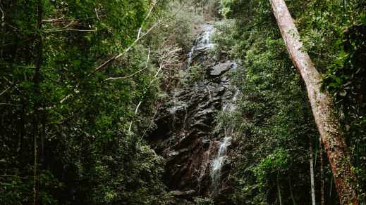 Blick auf den Phaeng Noi Wasserfall mit Felsen und üppiger Vegetation