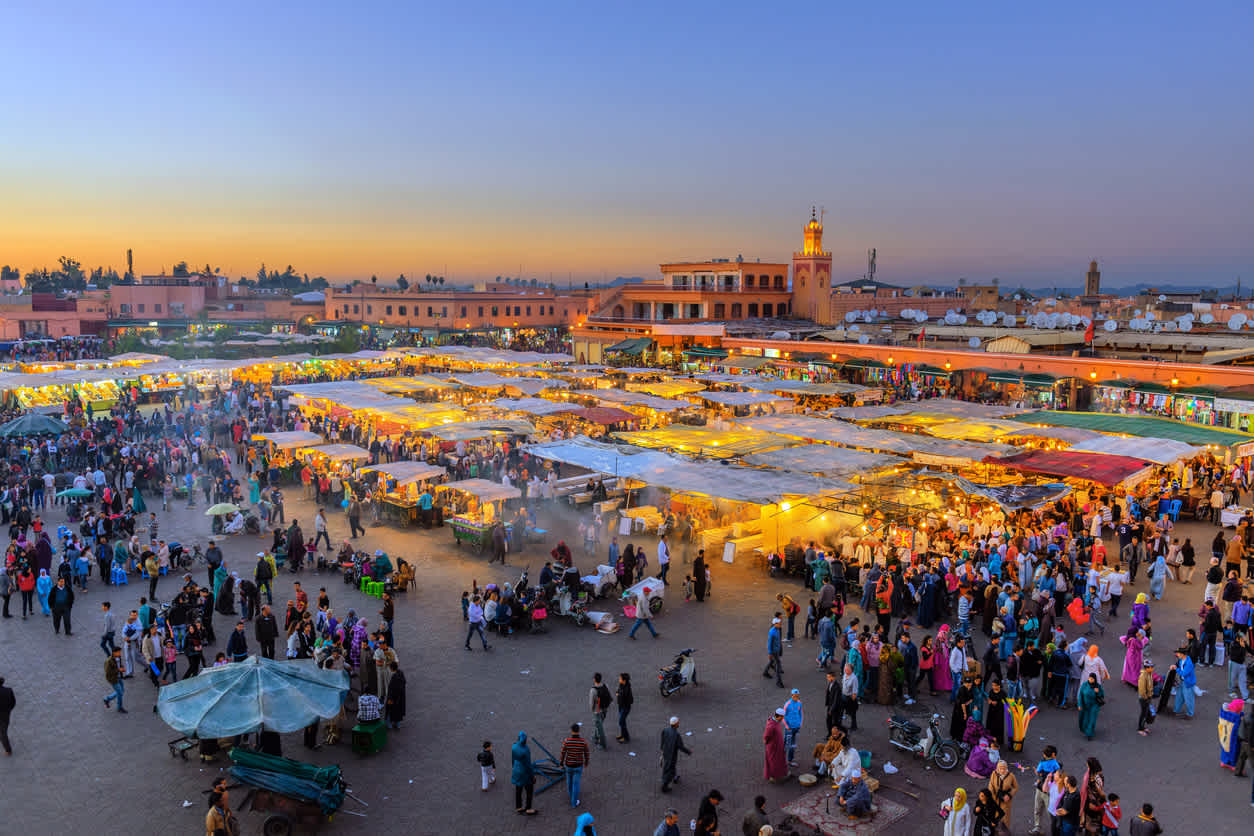 A view of a market in Marrakech at night 