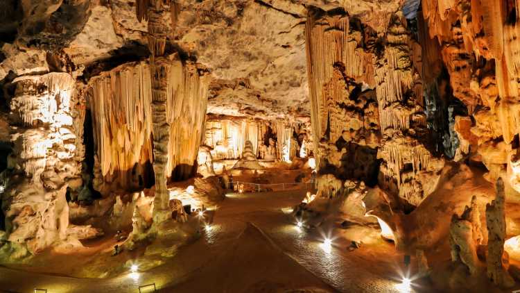 Africa, South Africa, Oudtshoorn, Cango Caves lit up.