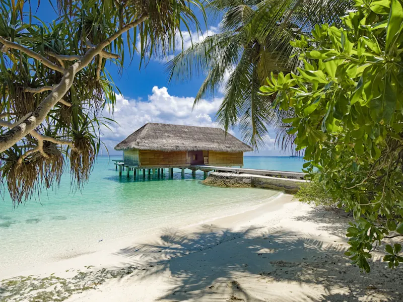 Malé, Malé-Atoll, Malediven Strand mit Palmen und Wasservilla auf Stelzen im türkisblauen Meer. Malé, Malé-Atoll, Malediven.