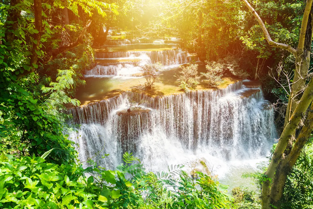 Thailand Kanchanaburi Khuean Srinagarindra National Park Der üppige und friedliche Khuean-Srinagarindra-Nationalpark bietet einen wunderschönen Wasserfall, einen Aussichtspunkt, beeindruckende Höhlensysteme und eine reiche Tierwelt.