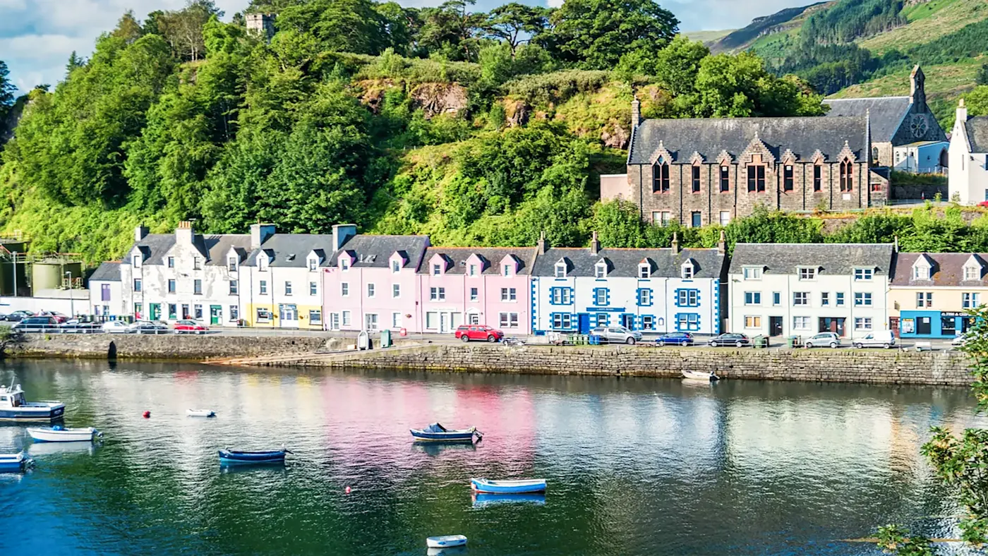 Scotland, Isle Of Skye, Portree, City breaks Panoramic view from Portree, Isle Of Skye, Scotland.