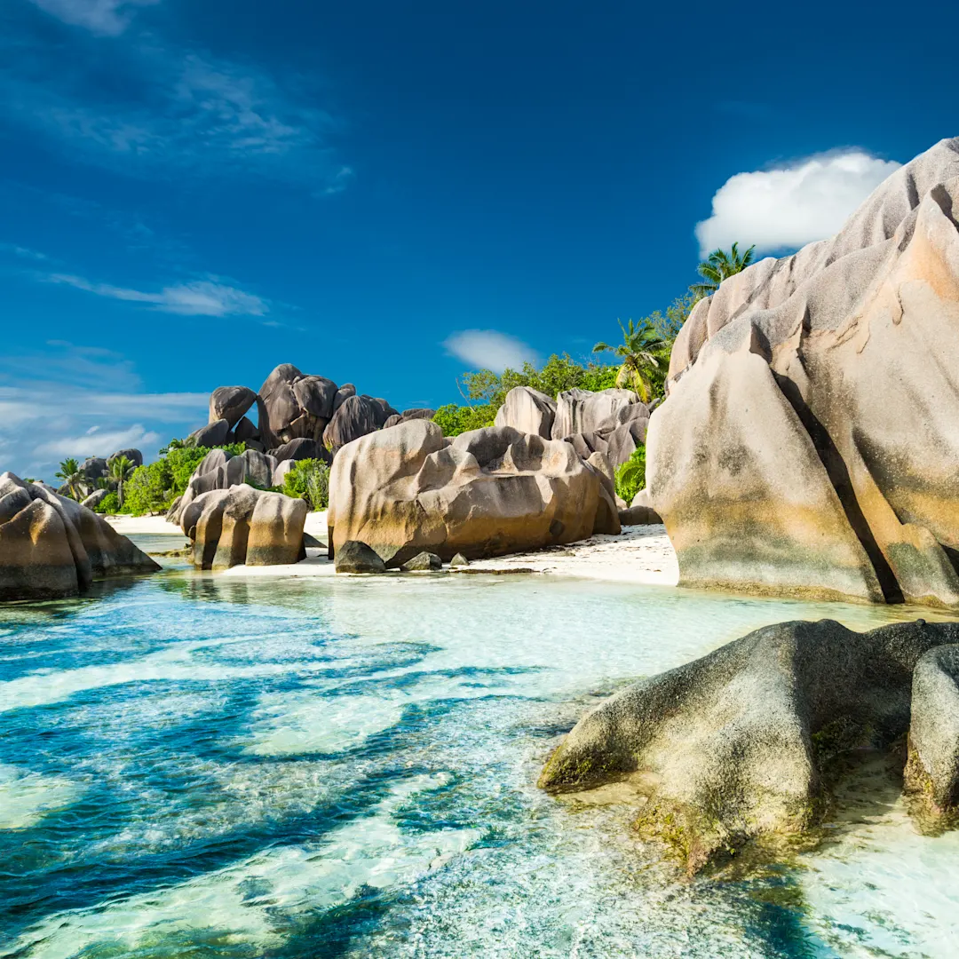 Blick auf die Felsen, Strand auf den Seychellen, La Digue