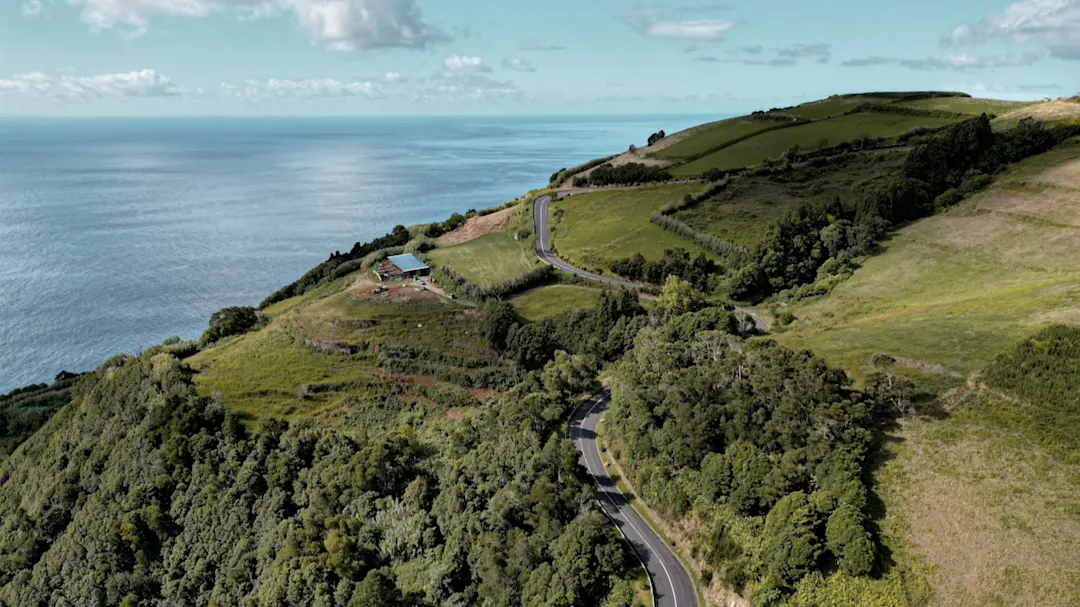 Luftaufnahme einer kurvenreichen Straße durch die dichten Wälder auf dem hohen Berg in Encumeada, Ribeira Brava, Insel Madeira. Portugal.