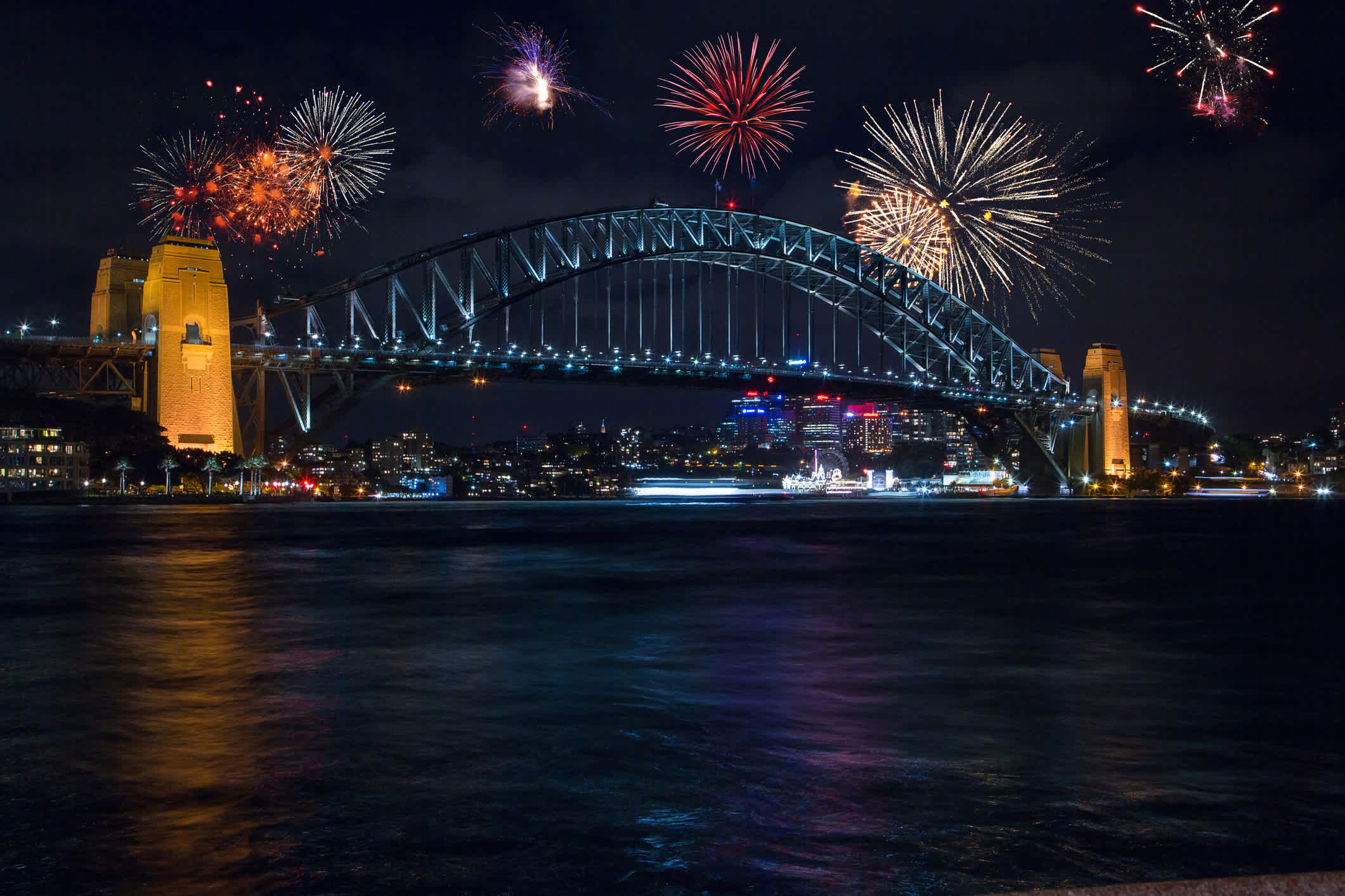 New Year's Eve fireworks over the Sydney Opera and Harbour Bridge, Sydney, Australia.