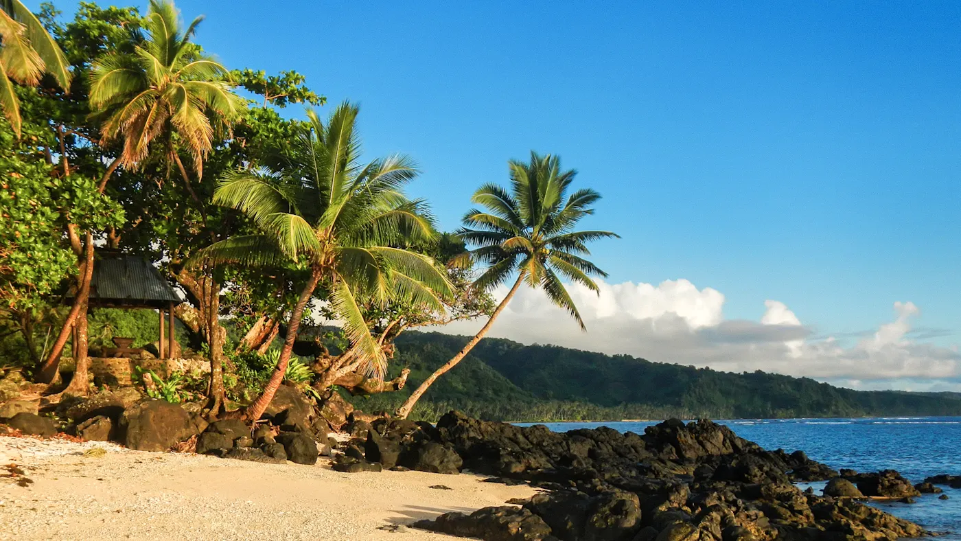 Savusavu, Vanua Levu, Fidschi Sonniger Strand mit Palmen, schwarzen Felsen und blauem Meer. Savusavu, Vanua Levu, Fidschi.