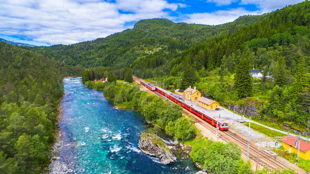 Zug Oslo - Bergen bei Mjolfjell in den Bergen. Norwegen.

