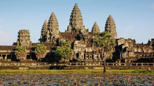 Temple Angkor Wat devant un étang de lotus, au Cambodge

