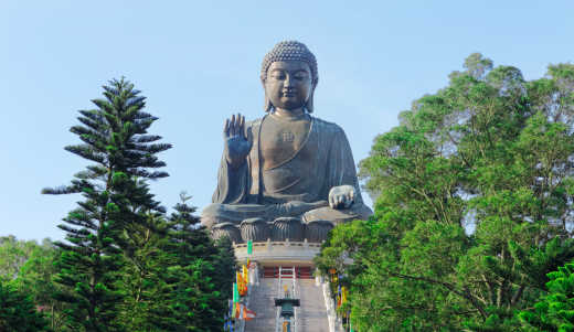 Statue du Bouddha de Tian Tan entourée d'arbres à Hong Kong