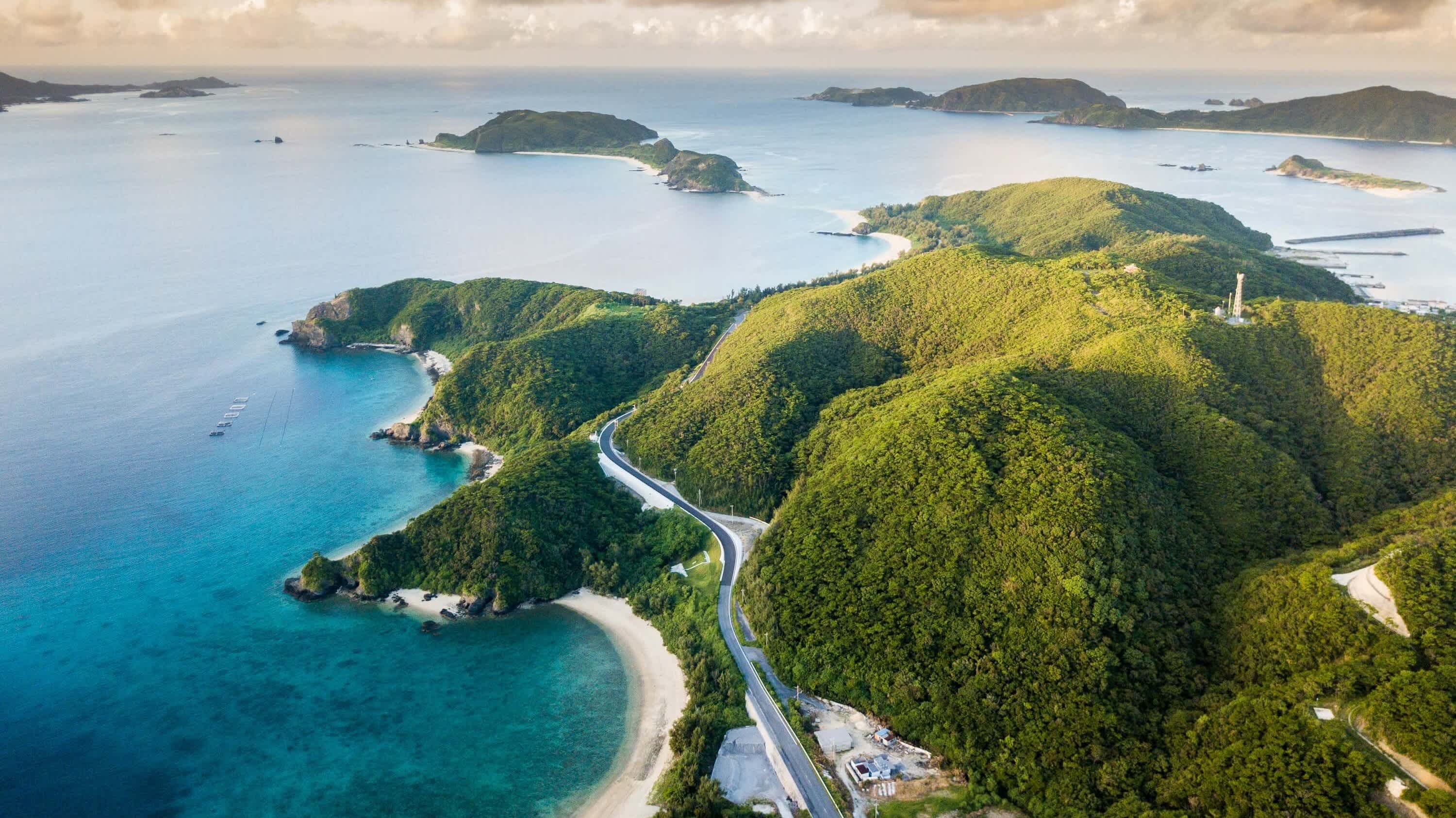 An aerial view at the Kerama islands chain in Okinawa, Japan.