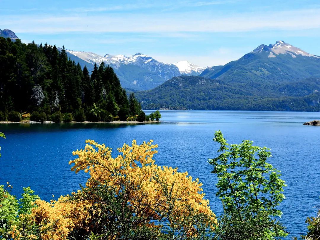 Blauer See mit grünen Wäldern und Bergen. Bariloche, Río Negro, Argentinien.
