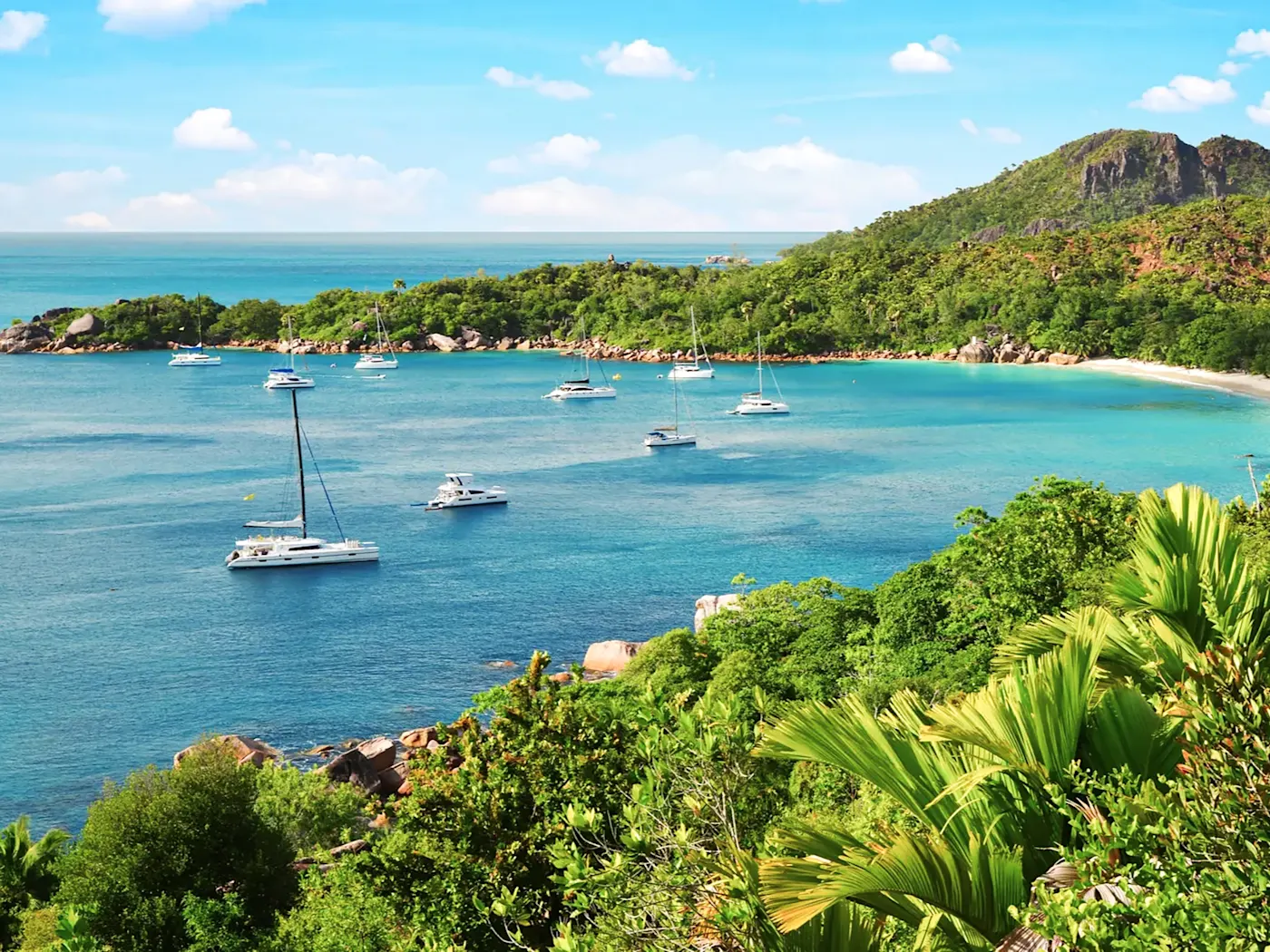 Segelboote in einer ruhigen Bucht mit üppiger tropischer Landschaft. Seychellen.