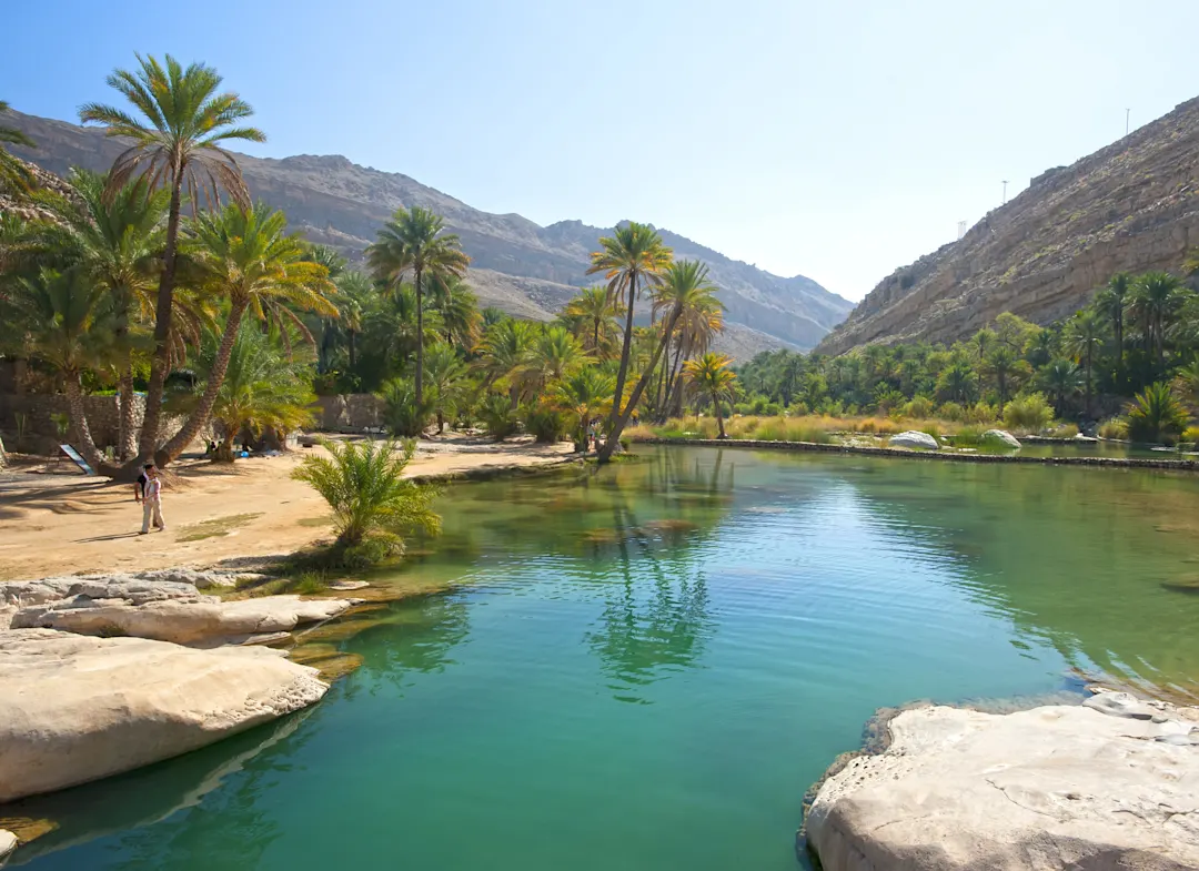 Eine Oase mit grünen Palmen, klarem Wasser und steinigen Bergen im Hintergrund, Wadi Bani Khalid, Oman. 