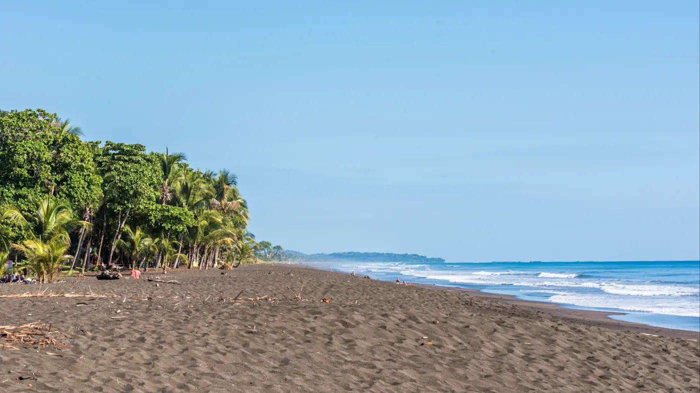 Samara, Guanacaste, strand, Costa Rica Unberührter Sandstrand mit Palmen und blauem Himmel an der Pazifikküste. Samara, Guanacaste, Costa Rica.
