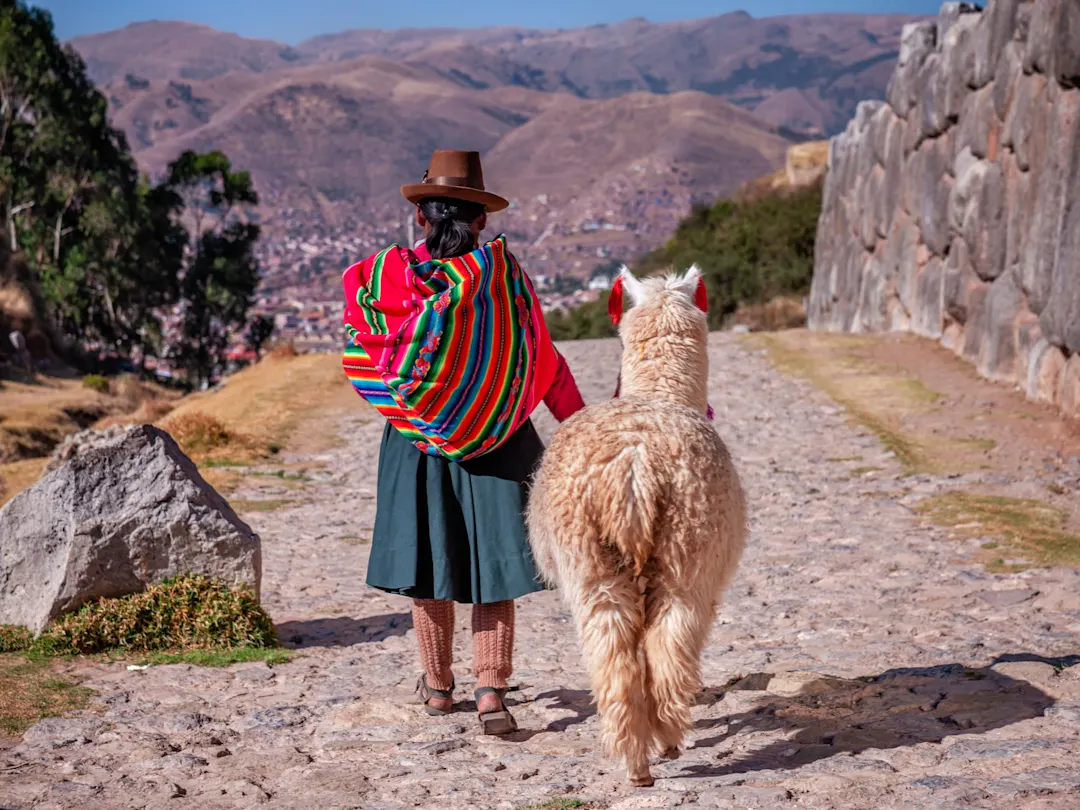 Frau in traditioneller Kleidung mit Alpaka auf steinernem Weg, Blick auf Cusco, Cusco, Peru.
