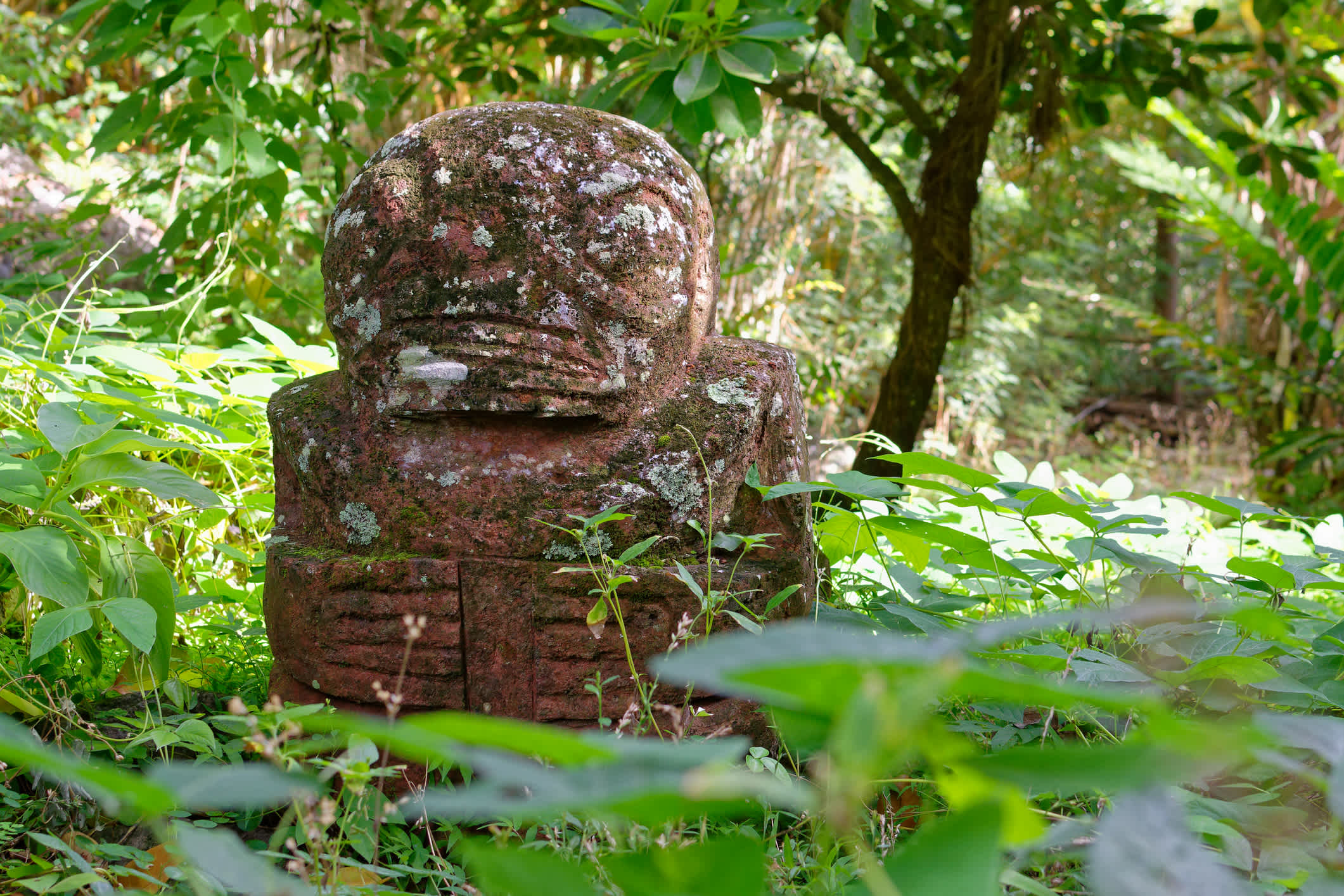 Auf der Insel Nuka Hiva, die zu den Marquesas-Inseln in Französisch-Polynesien gehört, finden Sie in der archäologischen Stadt Upeke uralte Steinstatuen.