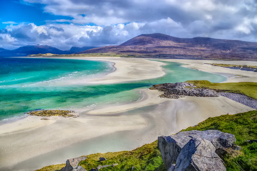 Neue Perspektiven auf die klassische hebrideische Ansicht von Luskentyre auf der Isle of Harris, Schottland 