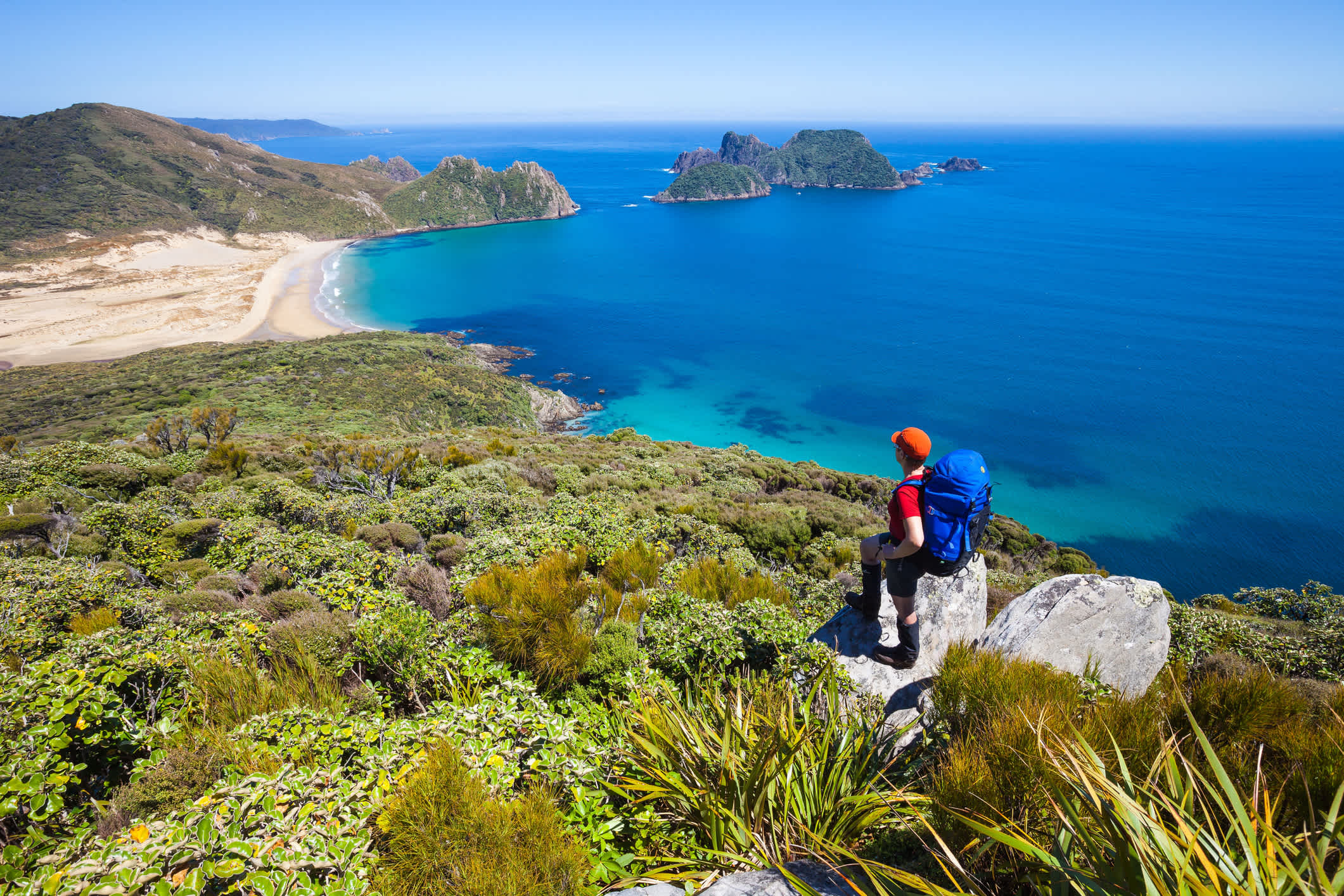 Randonneuse avec un sac à dos observant la vue dans le parc national de Rakiura, sur l'île Stewart, Nouvelle-Zélande