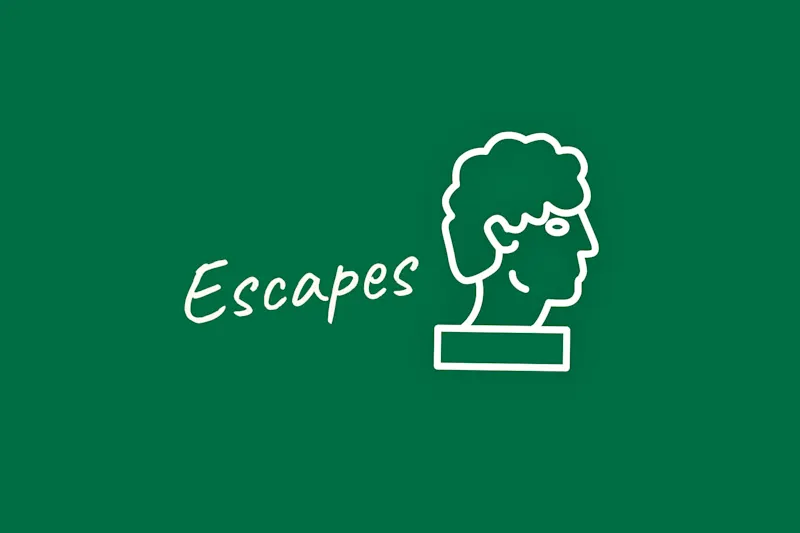 Weiße Linienillustration einer Büste im klassischen Profil neben dem Wort Escapes in Kursivschrift, alles auf einem einfarbig grünen Hintergrund.
